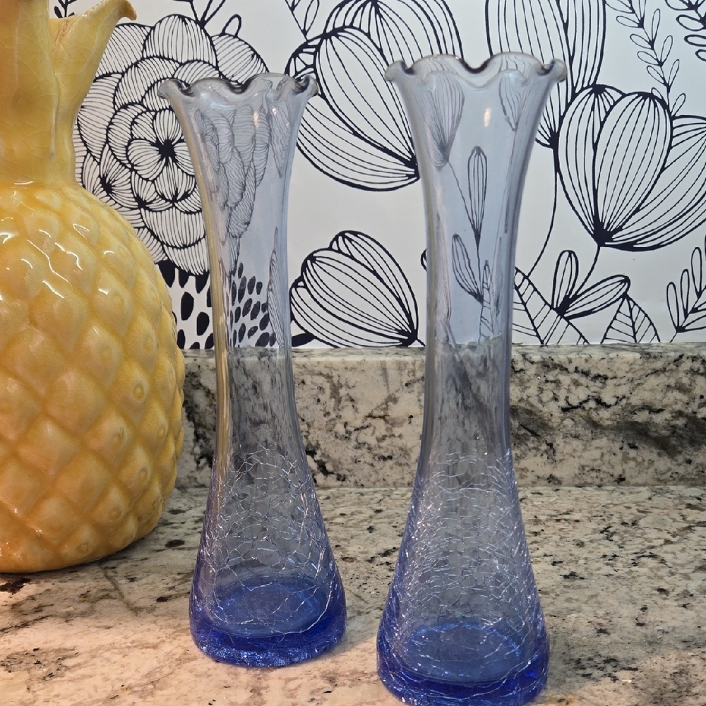 Crackle Glass Blue Pair Of 2 Vases